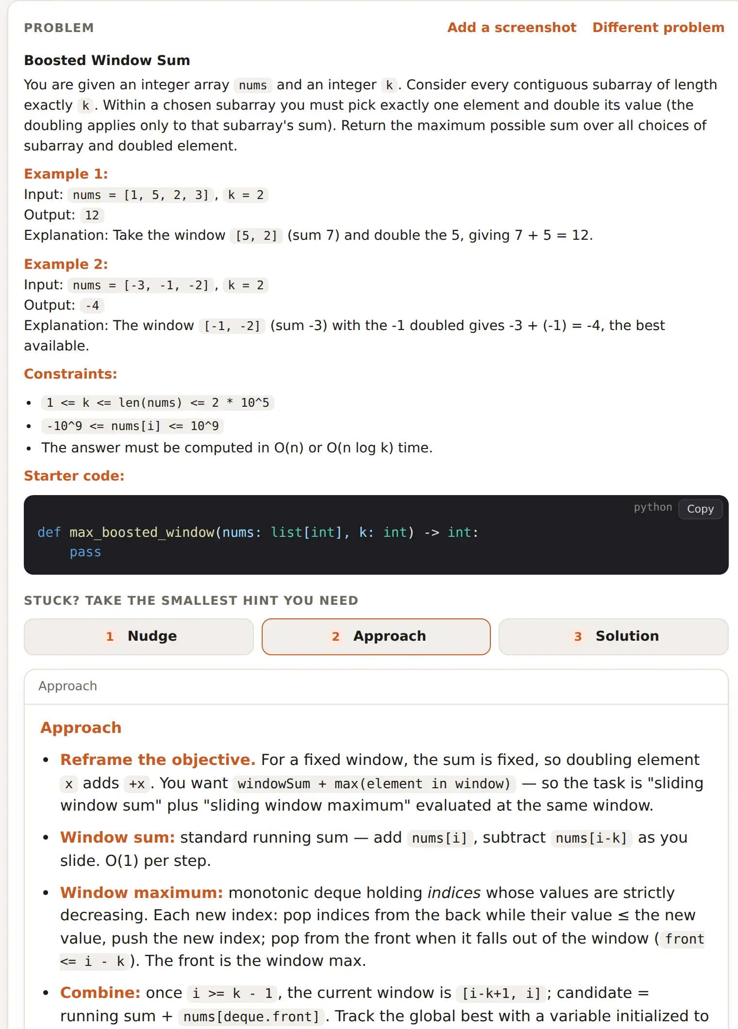 A generated sliding-window problem with examples and starter code, the three-step hint ladder, and the Approach hint.