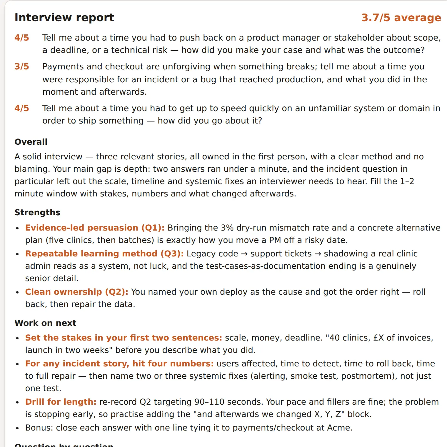 The report after a mock interview: an average score, each question's score, and the overall takeaways.