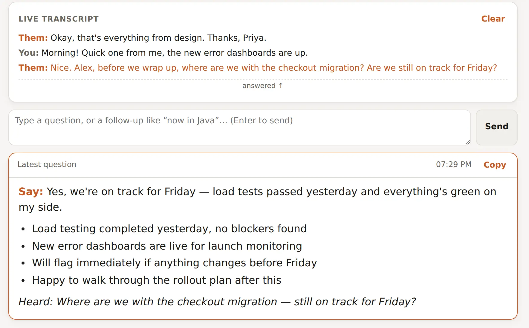 A live transcript of a team call and a suggested reply confirming a project is on track, using the user's notes.