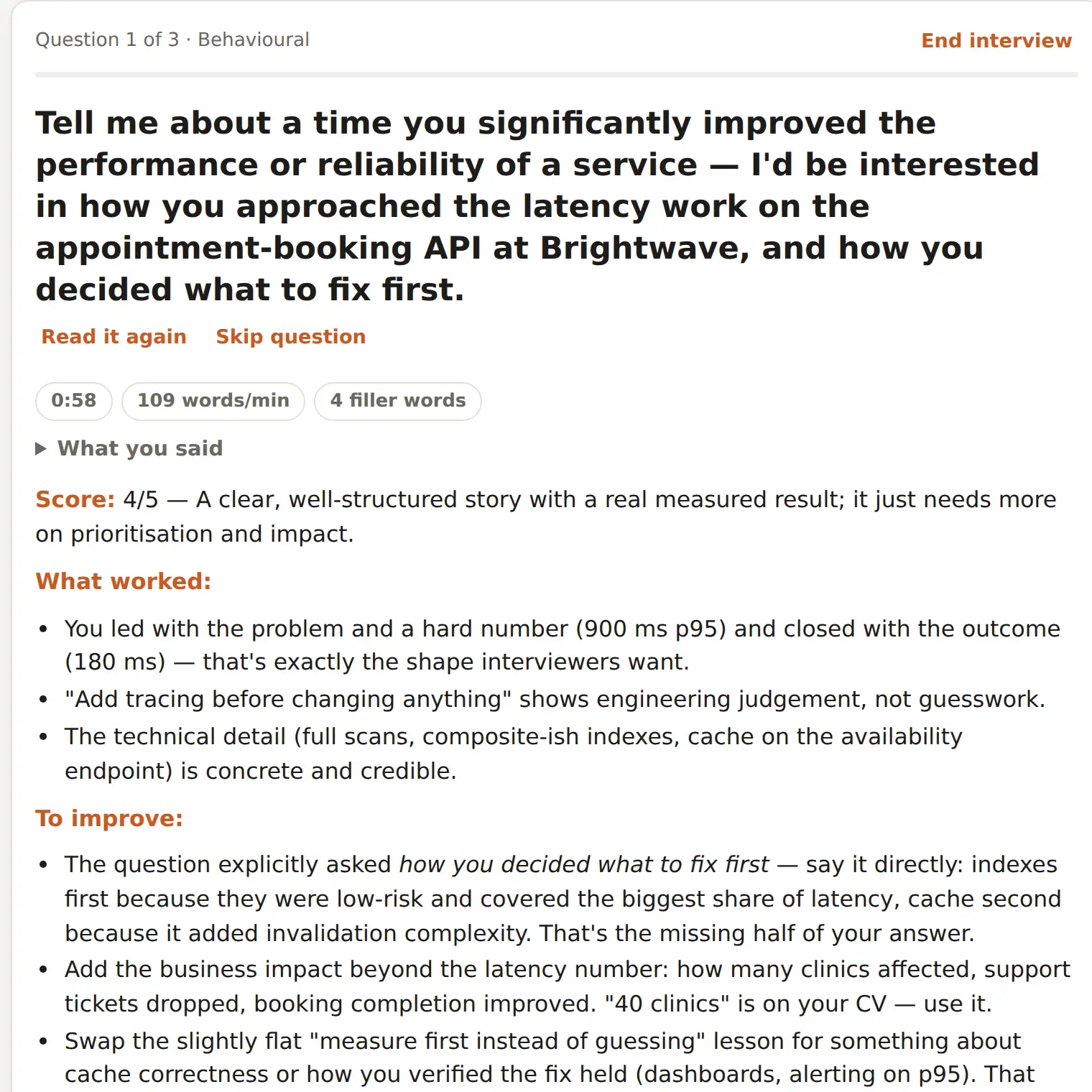 A mock interview question tailored to a CV, the answer's length, pace and filler words, and feedback: a 4 out of 5 score, what worked and what to improve.