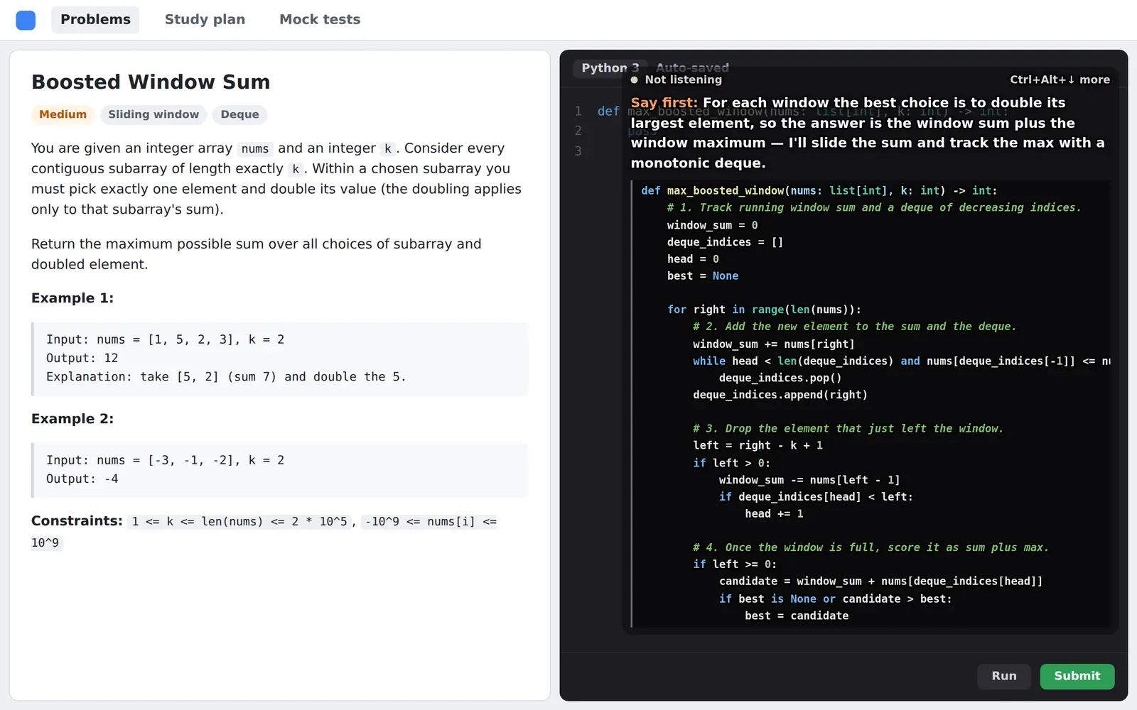 A practice problem in a browser with the overlay on top, showing the idea to say first and a step-by-step Python solution.